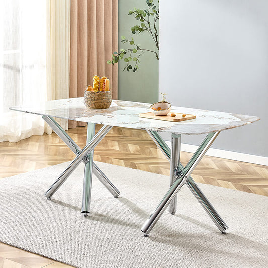 70.87" Modern Faux Marble Glass Dining Table and Silver Chrome Metal Legs