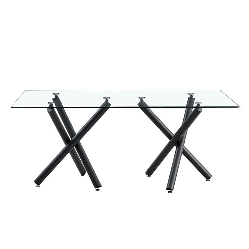 70.9" Modern Rectangular Glass Dining Table with Black Metal Legs