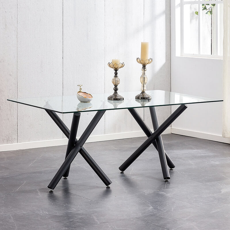 70.9" Modern Rectangular Glass Dining Table with Black Metal Legs