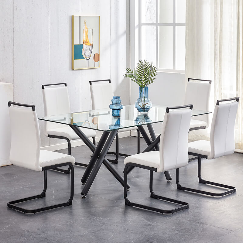 70.9" Modern Rectangular Glass Dining Table with Black Metal Legs