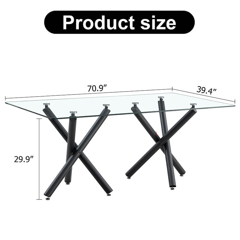 70.9" Modern Rectangular Glass Dining Table with Black Metal Legs