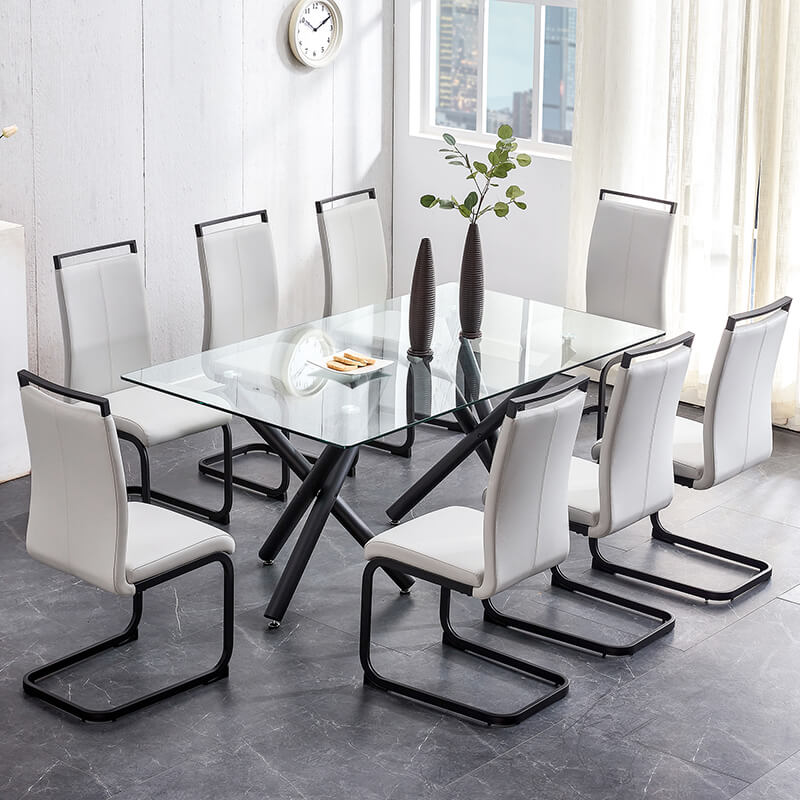 70.9" Modern Rectangular Glass Dining Table with Black Metal Legs