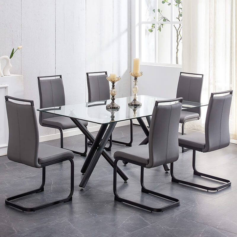 70.9" Modern Rectangular Glass Dining Table with Black Metal Legs