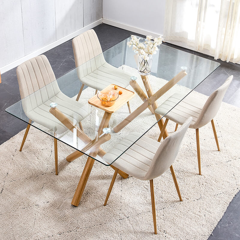 70.9" Modern Rectangular Tempered Glass Dining Table with Natural Legs