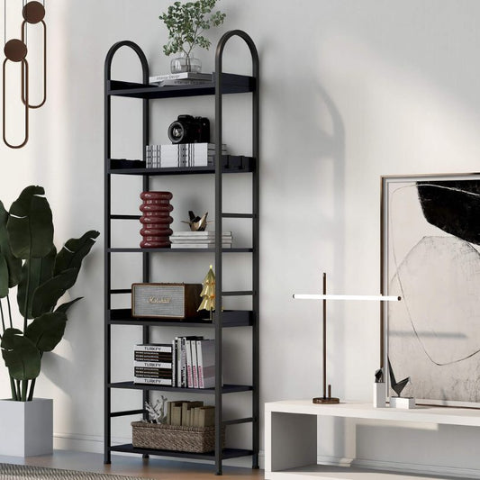 70" Black 6-Tier Ladder Bookshelf with Round Top Frame