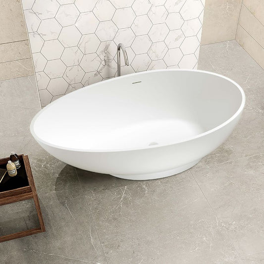 70" White Egg-shaped Stone Resin Freestanding Bathtub