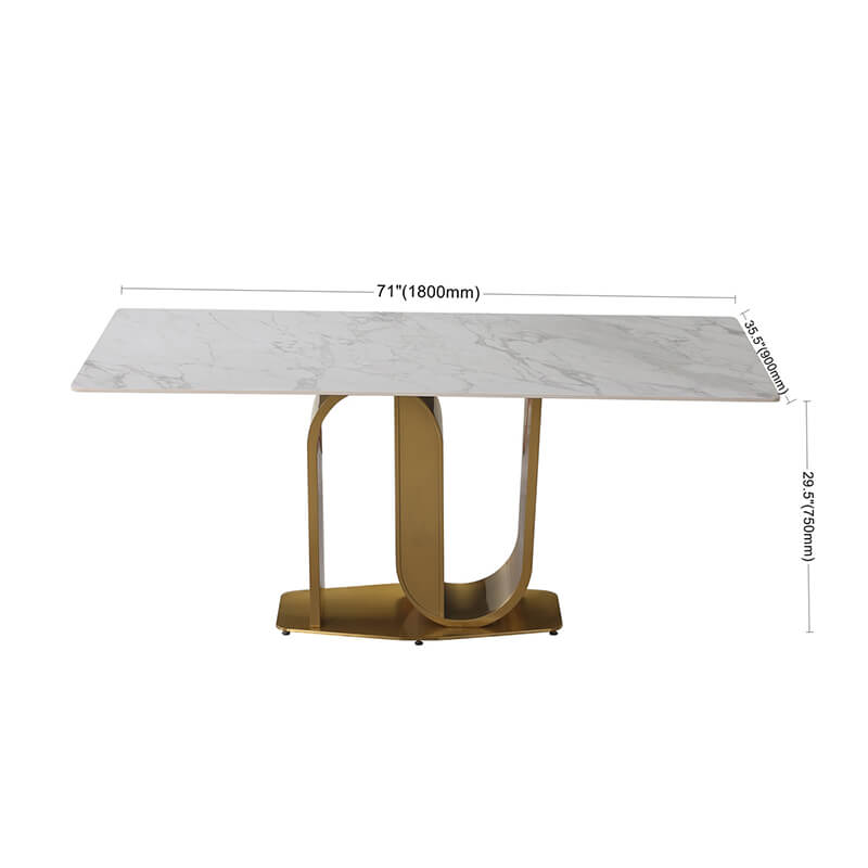 A dimension Image of our 71" Contemporary Sintered Stone Dining Table with Gold U-shape Pedestal Base