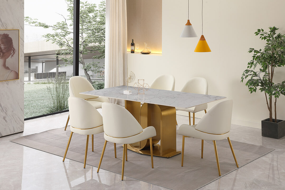 71" Contemporary Sintered Stone Dining Table with Gold U-shape Pedestal Base