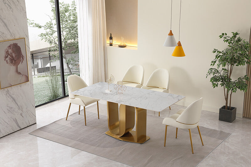 71" Contemporary Sintered Stone Dining Table with Gold U-shape Pedestal Base