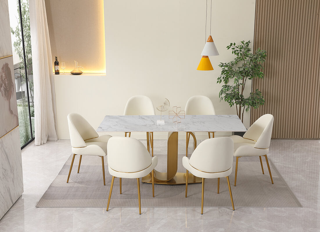 71" Contemporary Sintered Stone Dining Table with Gold U-shape Pedestal Base