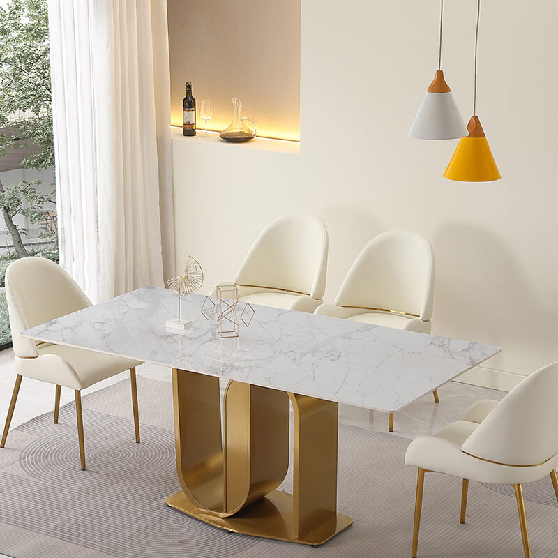 71" Contemporary Sintered Stone Dining Table with Gold U-shape Pedestal Base