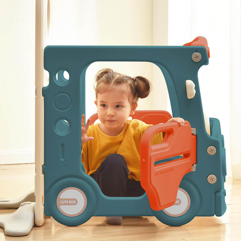 Kid playing swing and slide with Bus Structure and Basketball Hoop