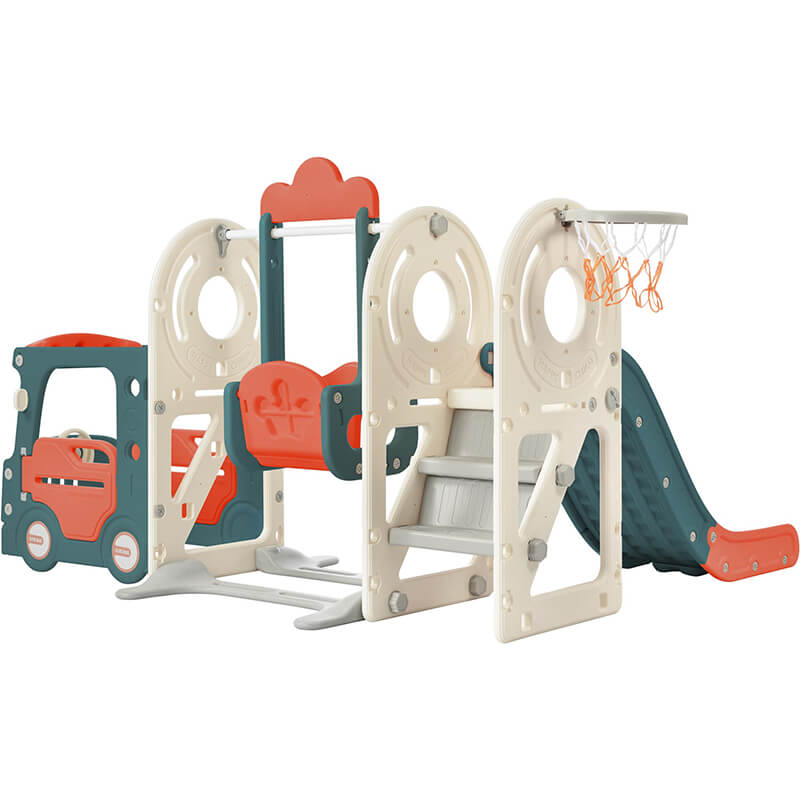 Kid playing swing and slide with Bus Structure and Basketball Hoop