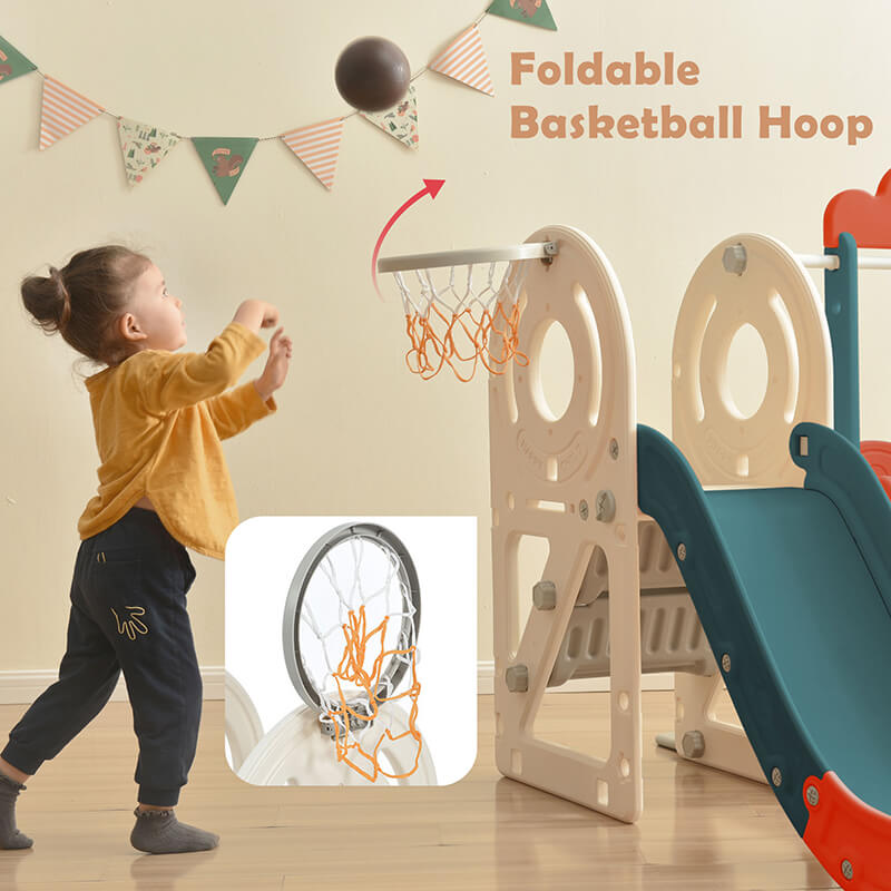 Kid playing swing and slide with Bus Structure and Basketball Hoop