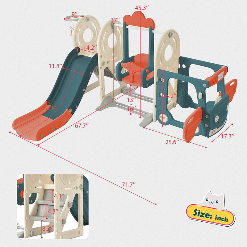 Kid playing swing and slide with Bus Structure and Basketball Hoop