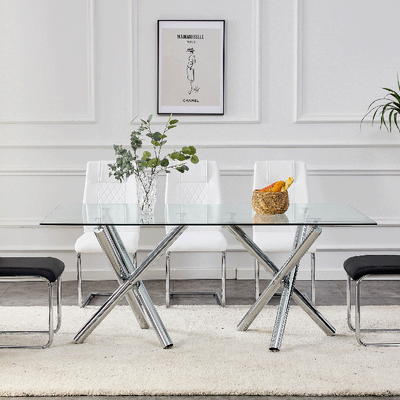 71" Modern Rectangular Glass Dining Table with Silver Chrome Metal Legs