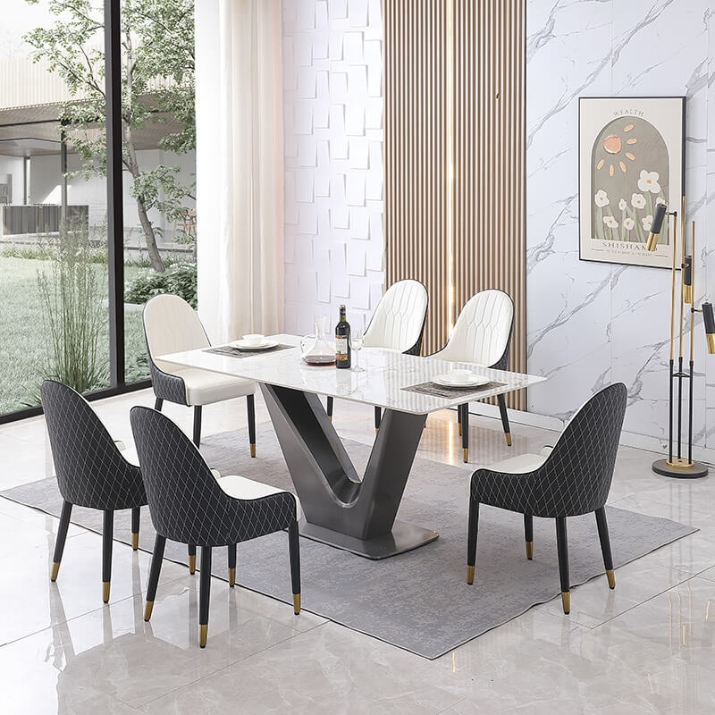 71" Modern Sintered Stone Dining Table Set with V-Shape Pedestal Base - 6 Chairs and 1 Table