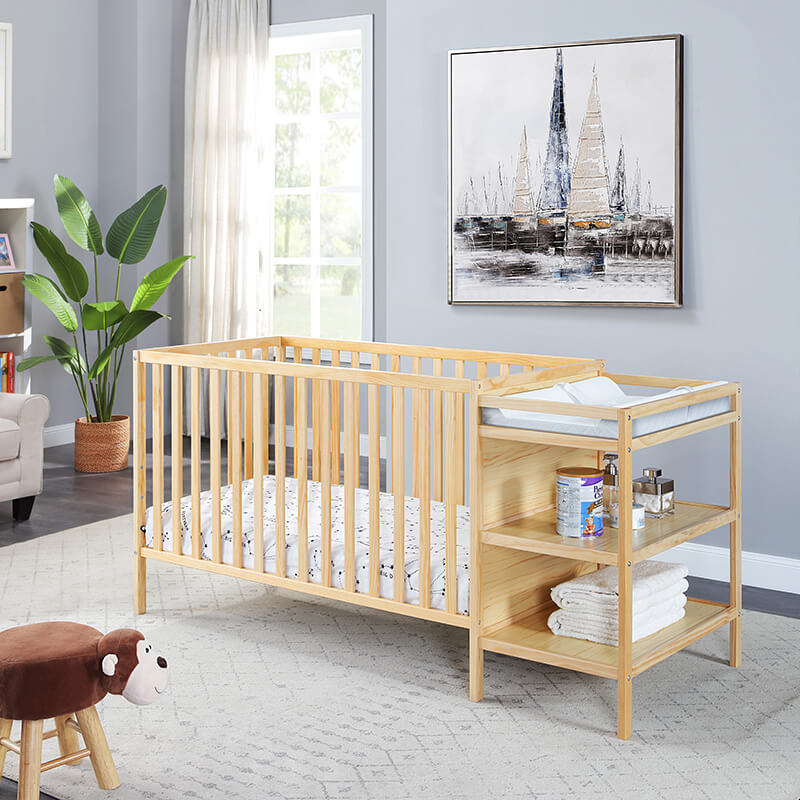 71" Natural Wood 3-in-1 Convertible Island Crib with Changing Table