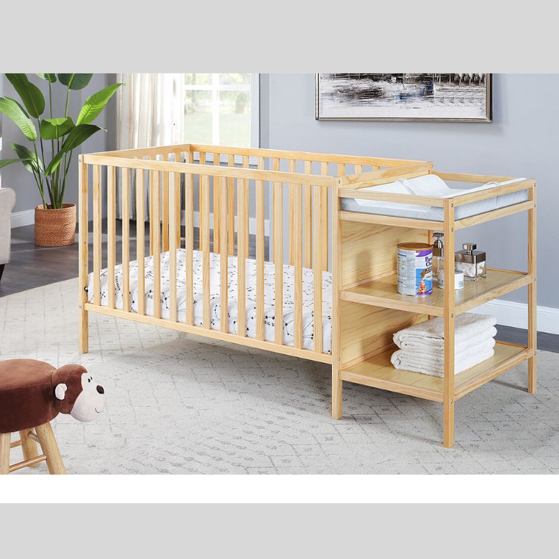 71" Natural Wood 3-in-1 Convertible Island Crib with Changing Table