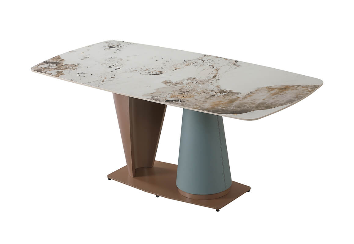 71" Pandora Sintered Stone Dining Table with Cone-shape Champagne and Blue Pedestal Base