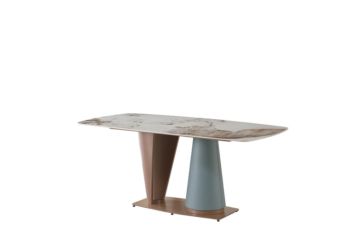 71" Pandora Sintered Stone Dining Table with Cone-shape Champagne and Blue Pedestal Base