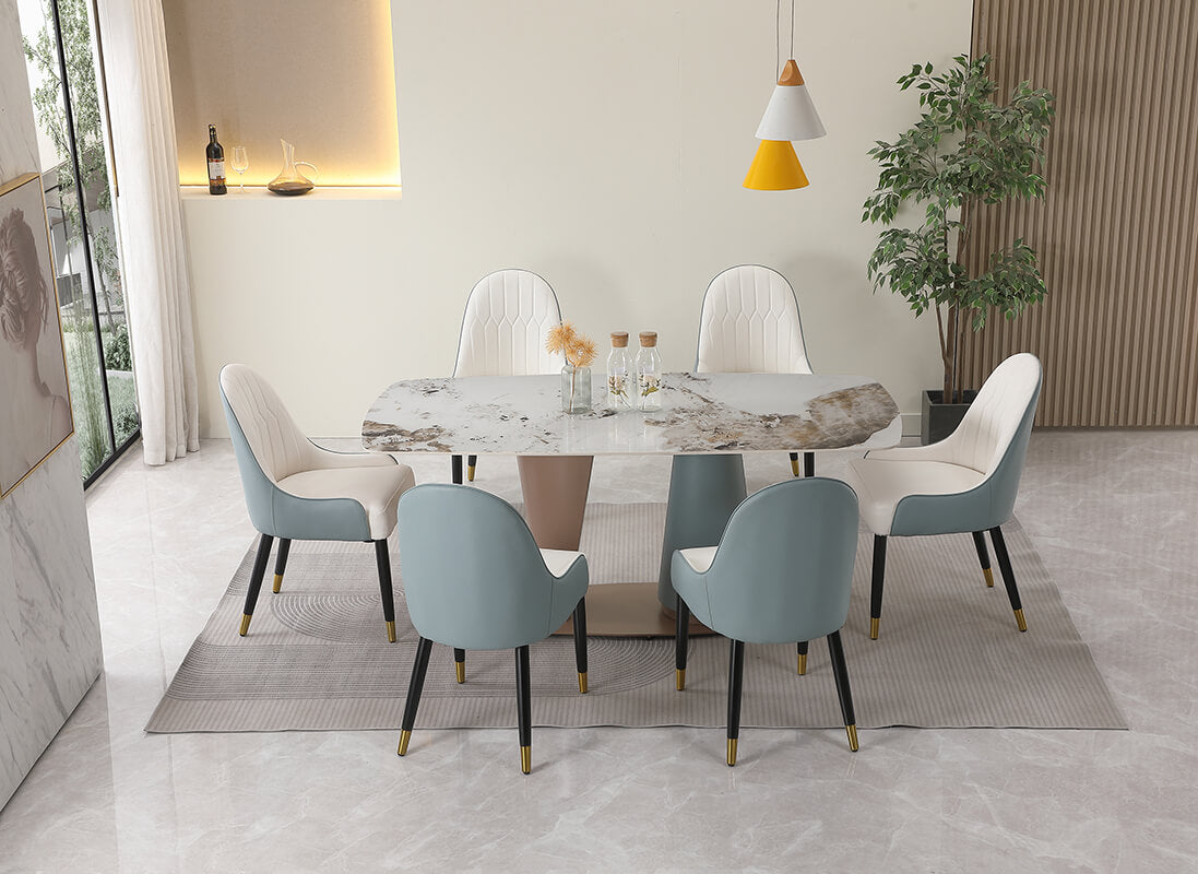 71" Pandora Sintered Stone Dining Table with Cone-shape Champagne and Blue Pedestal Base