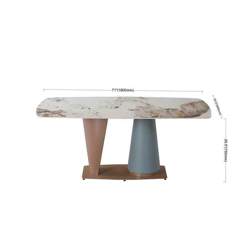 A dimension Image of our 71" Pandora Sintered Stone Dining Table with Cone-shape Champagne and Blue Pedestal Base