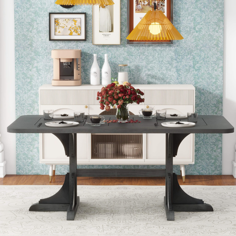 71'' Black Wooden Rectangular Dining Table with Curved Design Legs