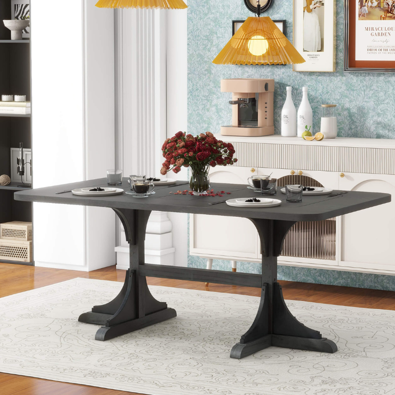 71'' Black Wooden Rectangular Dining Table with Curved Design Legs