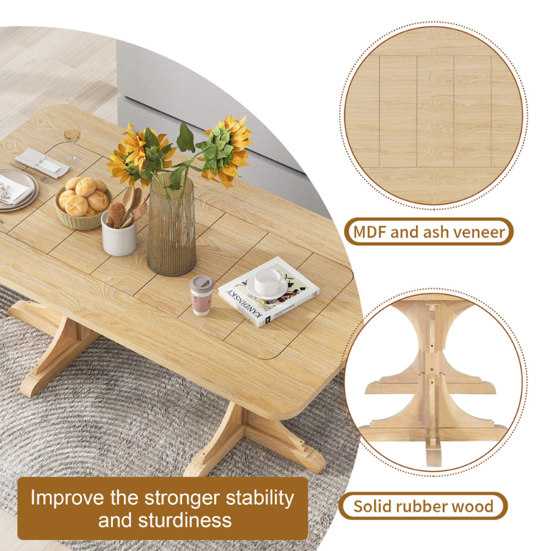 71'' Natural Wooden Rectangular Table with Curved Design Legs