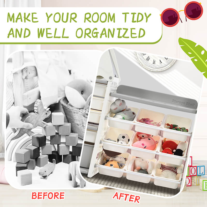 A clustred room before and after using our toy storage organizer for kids