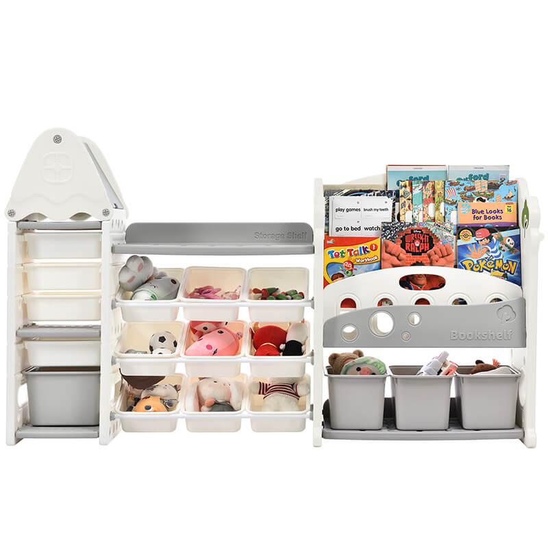 72" Gray Multifunctional Tree-Shaped Kids Toy Storage Organizer with with 17 Bins and 5 Bookshelves