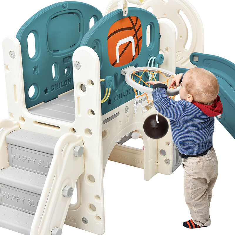 A kid playing with the basketball hoop