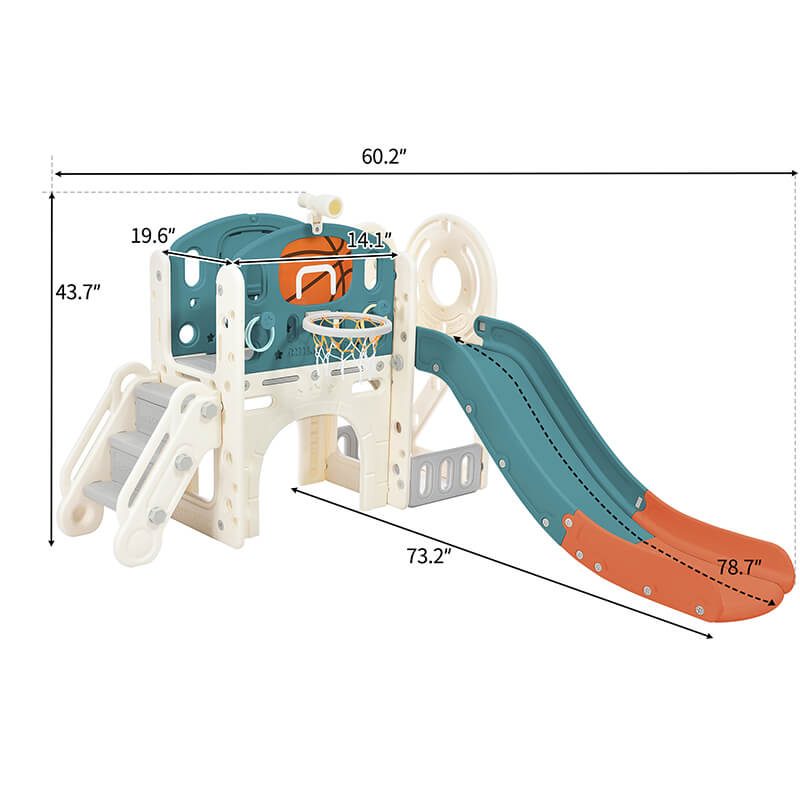 A dimension Image of our 73" Freestanding Blue 7-in-1 Kids Slide Playset Playhouse