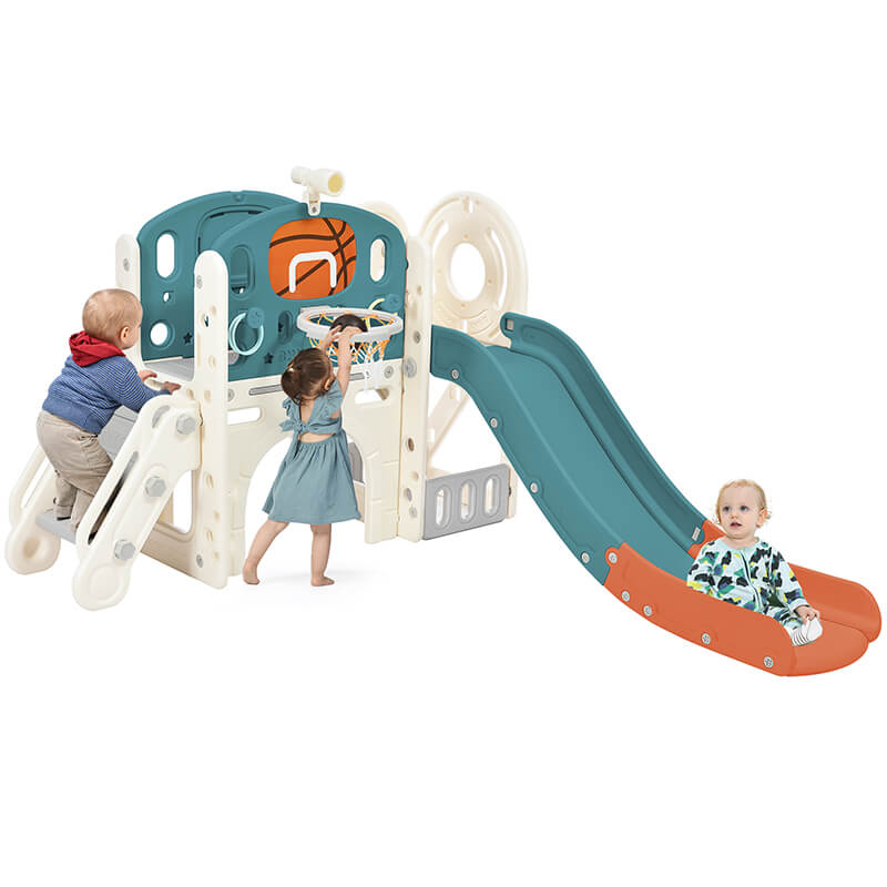 73" Freestanding Blue 7-in-1 Kids Slide Playset Playhouse