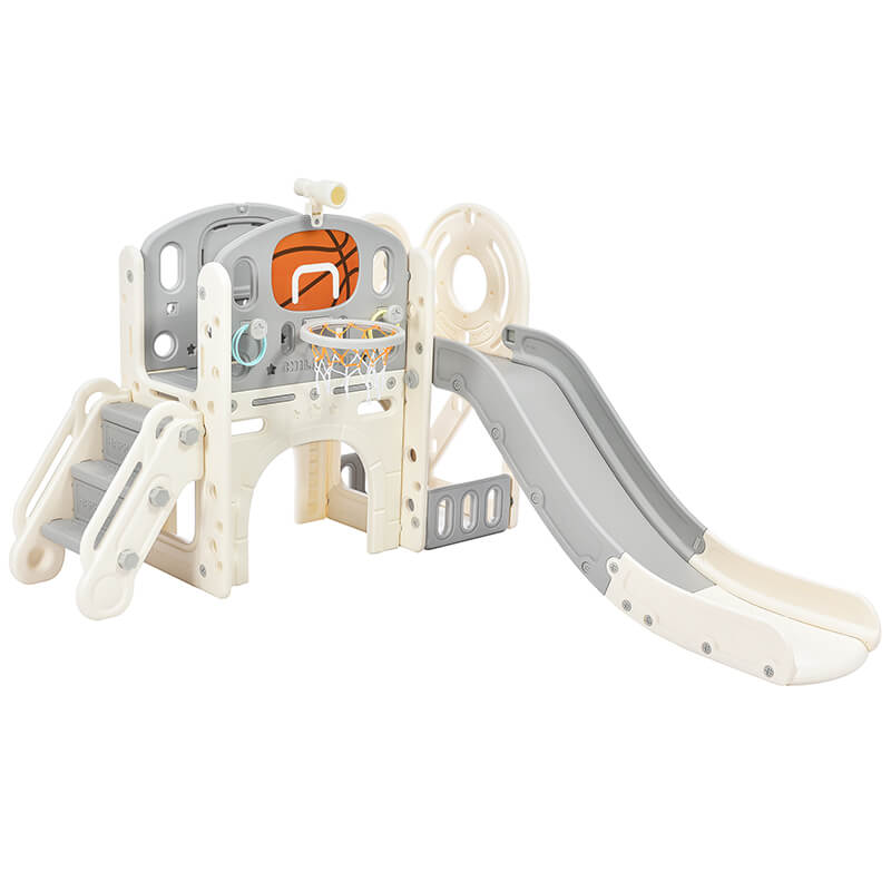 73" Freestanding Gray 7-in-1 Kids Slide Playset Playhouse