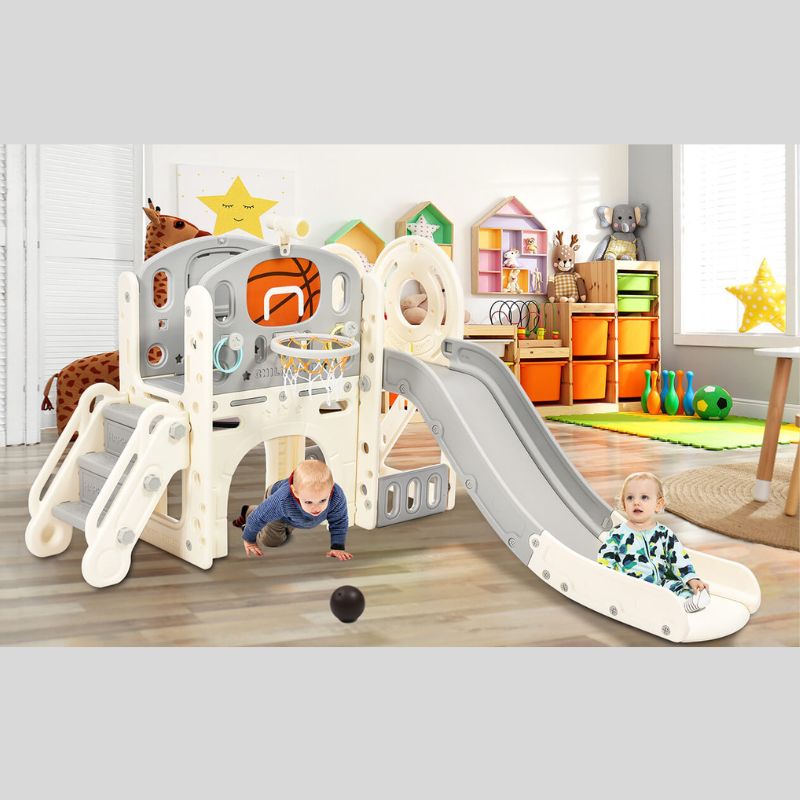 73" Freestanding Gray 7-in-1 Kids Slide Playset Playhouse