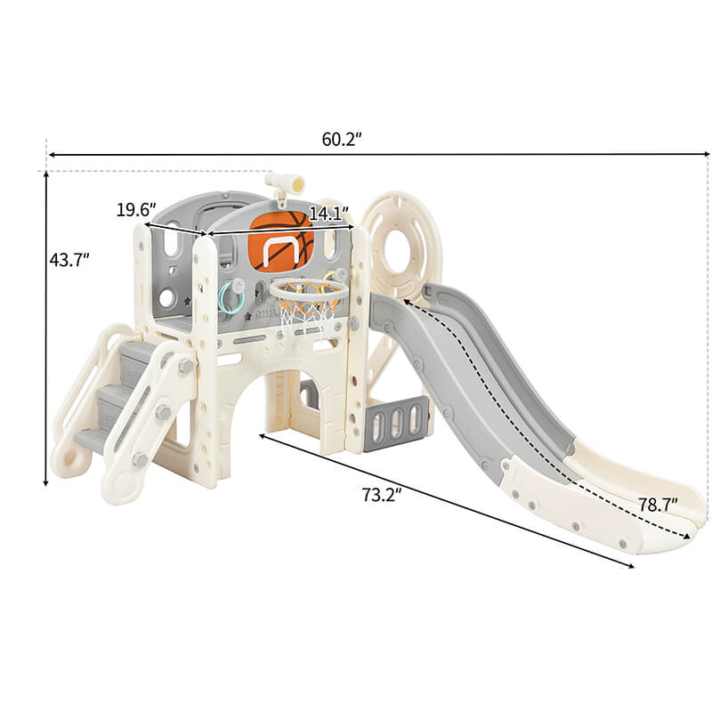 A dimension Image of our 73" Freestanding Gray 7-in-1 Kids Slide Playset Playhouse