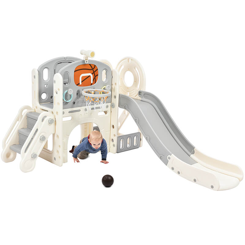 73" Freestanding Gray 7-in-1 Kids Slide Playset Playhouse