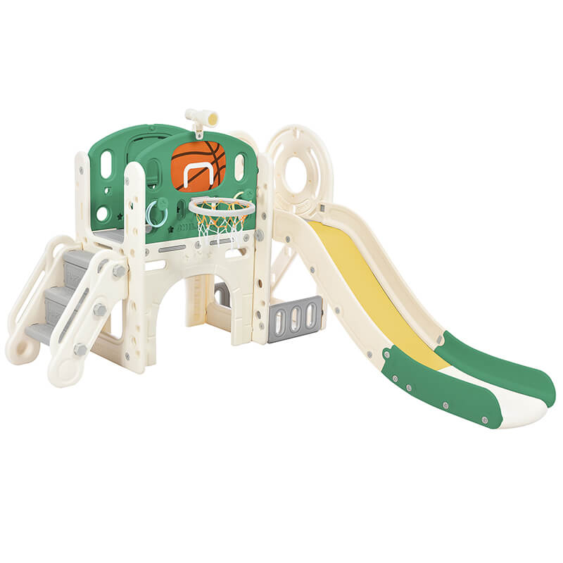 73" Freestanding Green 7-in-1 Kids Slide Playset Playhouse