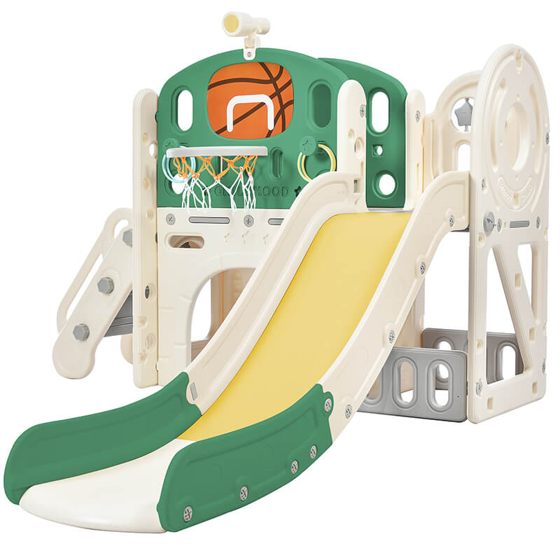 73" Freestanding Green 7-in-1 Kids Slide Playset Playhouse