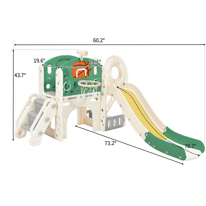 A dimension Image of our 73" Freestanding Green 7-in-1 Kids Slide Playset Playhouse