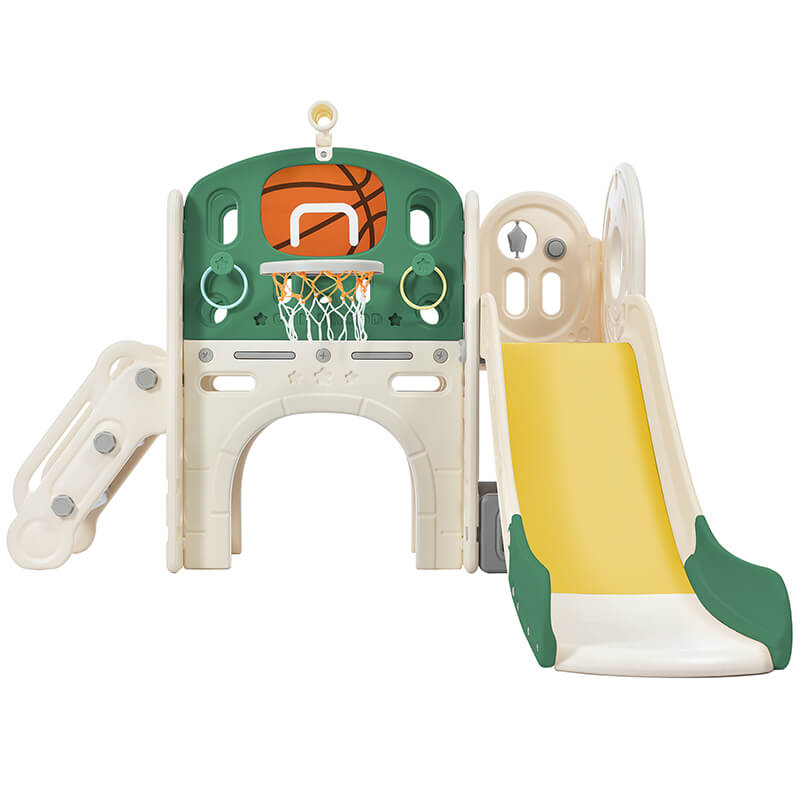 73" Freestanding Green 7-in-1 Kids Slide Playset Playhouse