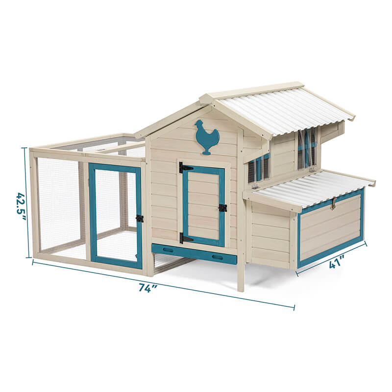 A dimension Image of our 74" White Weatherproof Outdoor Chicken Coop with Removable Bottom