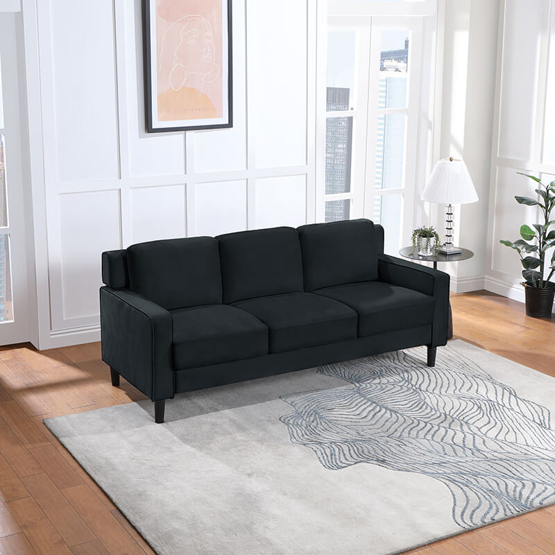 77.16" Modern Velvet Black 3-Seater Sofa