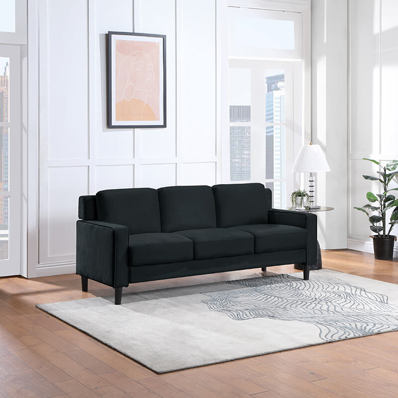 77.16" Modern Velvet Black 3-Seater Sofa