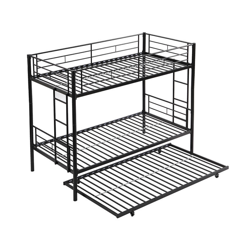 78 Twin-Over-Twin Black Metal Bunkbed with Trundle and 2 Side-Ladders