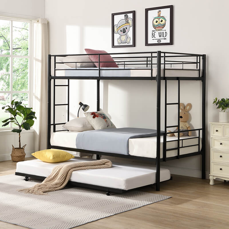 78 Twin-Over-Twin Black Metal Bunkbed with Trundle and 2 Side-Ladders