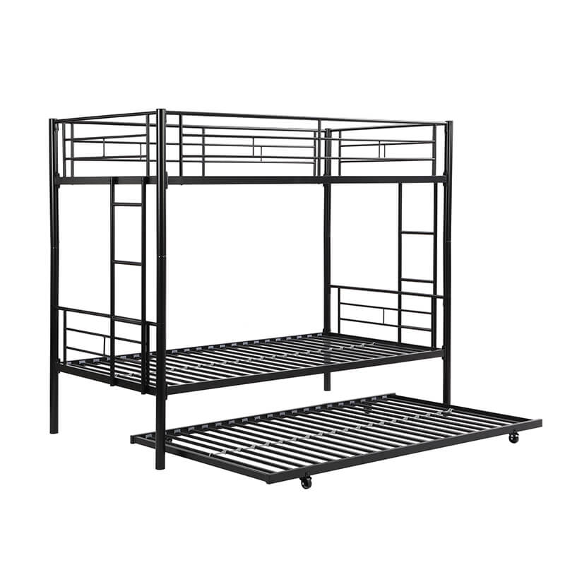 78 Twin-Over-Twin Black Metal Bunkbed with Trundle and 2 Side-Ladders