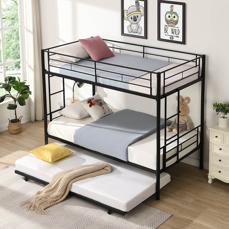 78 Twin-Over-Twin Black Metal Bunkbed with Trundle and 2 Side-Ladders